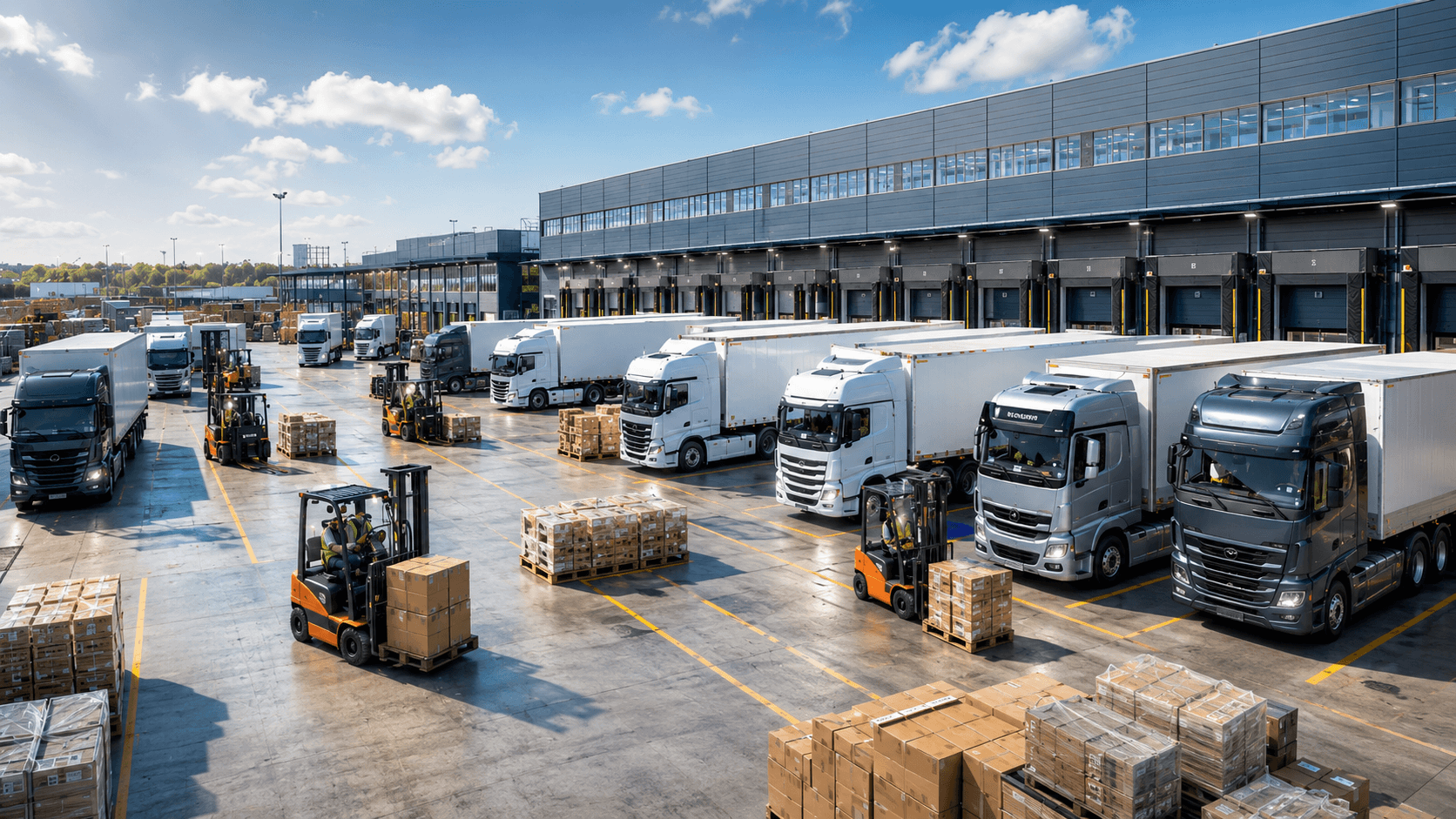 Verteilzentrum mit modernen Lkw an den Verladerampen und Palettenumschlag